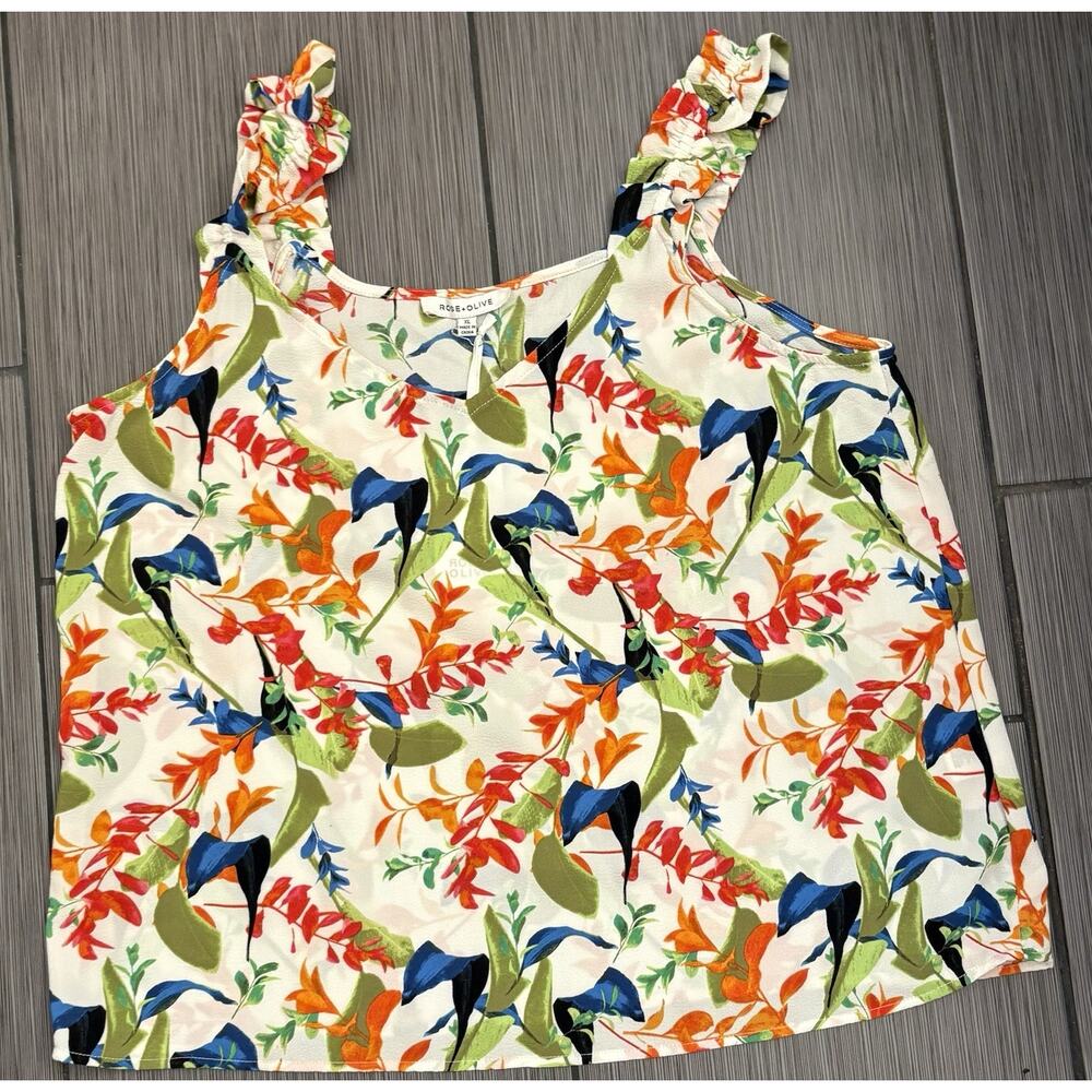 Rose + Olive Tank Top Women’s Floral Runched Strap Tank Top Size XL NWT Bright